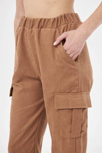 armonika Women's Mink Velvet Thin Corduroy Cargo Pants with Elastic Waist and Legs Arm-25K 001035