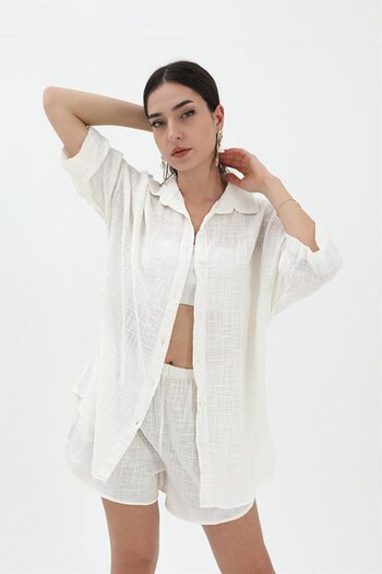 VAPUR TEKSTİL Cotton Linen Shorts Shirt Women's Double Suit - Ecru