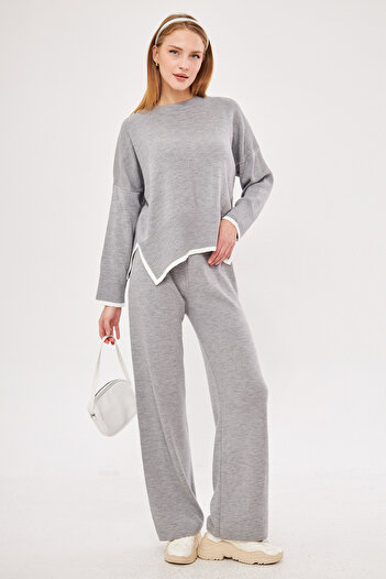 armonika Women's Gray Sleeve Skirt Striped Knitwear Double Suit Arm-25K 012006