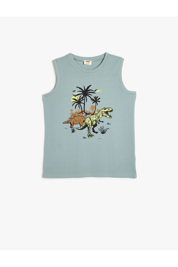 Koton Dinosaur Printed Cotton Tank Top - Sleeveless, Crew Neck