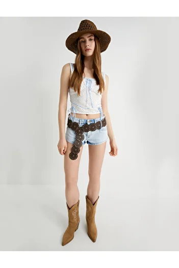Koton Hanging Crop Scalloped - Slim Fit Top Design, Bow Detail