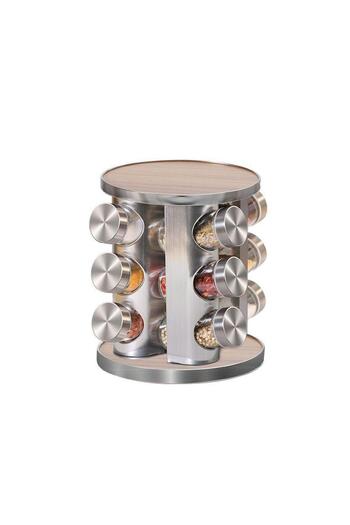 ALOHA Emir 12-Piece Circular Wooden & Stainless Steel Spice Rack with Rotating Stand