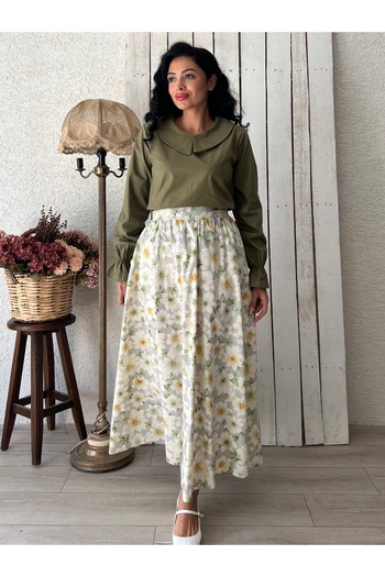 KÜÇÜĞÜM BUTİK Green Azalea Flower Poplin Flared Skirt