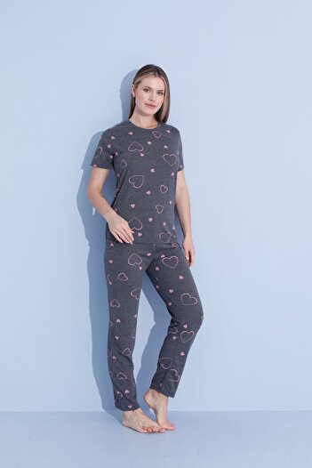 PİJAMOOD Cotton Gray Patterned Women's Short Sleeve Pajamas Set