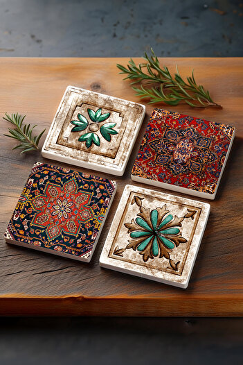 Pinecone Pattern, Moroccan Patterned Vintage Stone Coasters Desktop Protective Coasters 4 Piece Set 10x10cm
