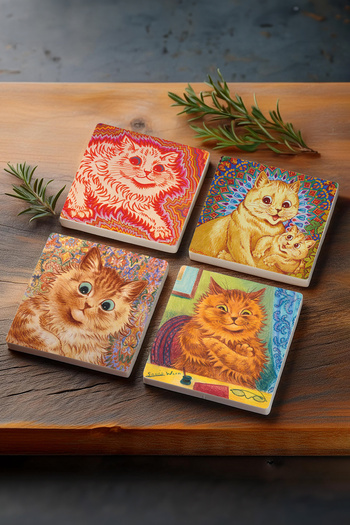 Pinecone Louis Wain Cats Stone Coasters Desktop Protective Coasters 4 Piece Set 10x10cm Stone Coasters