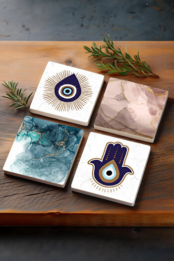 Pinecone Fatima Mother's Hand (HAMSA), Evil Eye, Abstract Art Stone Coasters Protective Coasters Set of 4 10x10cm