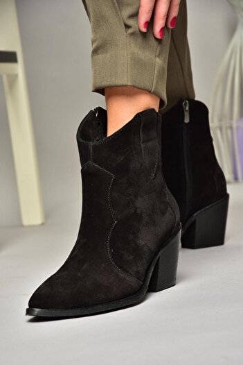 Fox Shoes T380082502 Siyah Süet Kovboy Model Kalın Topuklu Kadın Bot