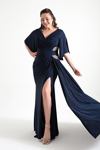 Lafaba Women's Navy Blue Plus Size Long Evening Dress with Stones on the Side