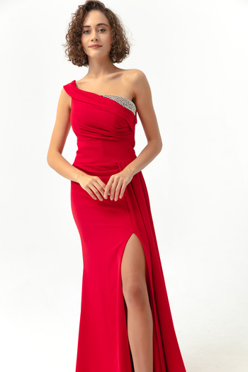 Lafaba Women's Red One-Shoulder Stone Long Evening Dress
