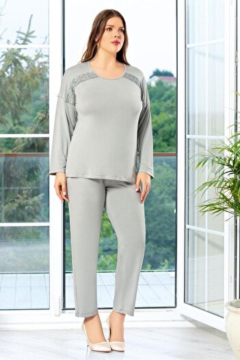 FAAL 8810 Women's Plus Size Long Sleeve Lace Detailed Pajama Set-Grey