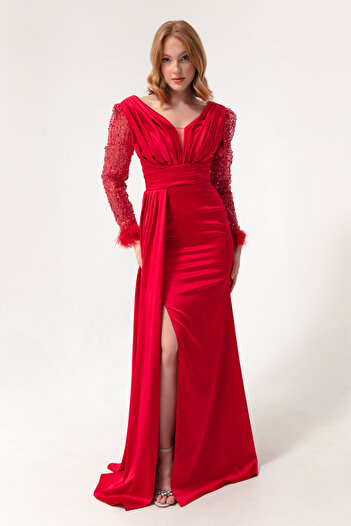 Lafaba Rotes Damen-Abendkleid mit V-Ausschnitt und Steinschlitzen
