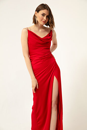 Lafaba Women's Red Stone Strap Neckline Satin Evening Dress
