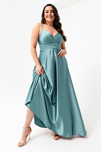 Lafaba Women's Turquoise Thread Strap Plus Size Satin Long Evening Dress & Graduation Dress