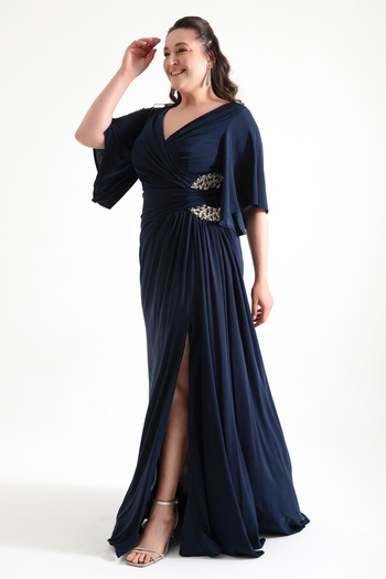Lafaba Women's Navy Blue Plus Size Long Evening Dress with Stones on the Side