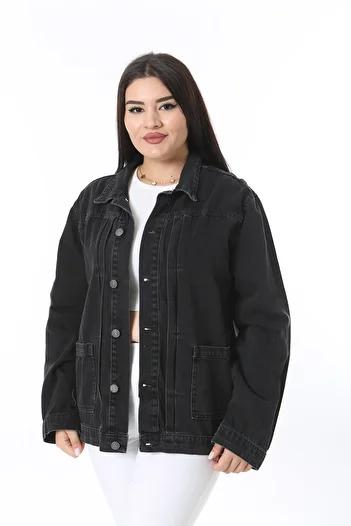 Şans Women's Large Size Anthracite Stitching Detailed Front Buttoned Denim Coat 65N38385