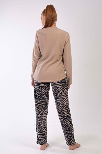 VİENETTA Vienetta Light Brown Women's Fleece Long Sleeve Pajama Set