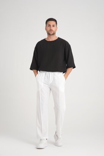 Valiberta Comfortable Molded Elastic Waist Plain Patterned Baggy Cotton Trousers - White