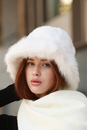 REMSA Plush Bucket Women's Heart Hat - Rkş-14 Ecru