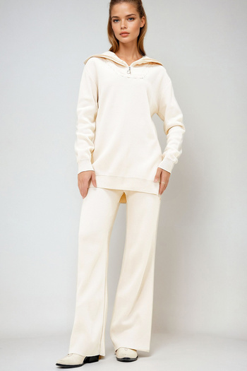 VAGGON High Waist Knitwear Sweater and Elastic Trousers Double Set - Sailor Collar Ecru Prm1276