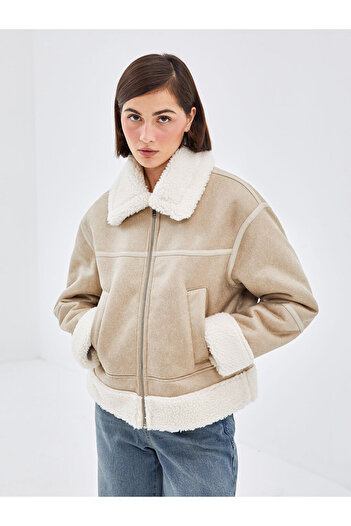 LC Waikiki Shirt Collar Plain Suede Look Women's Coat