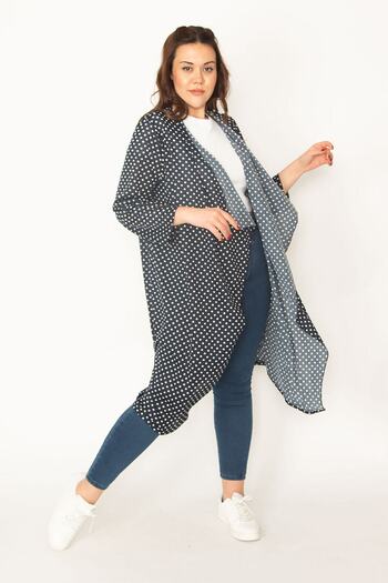 Şans Women's Large Size Navy Blue Polka Dot Patterned Crepe Cardigan 65n32723