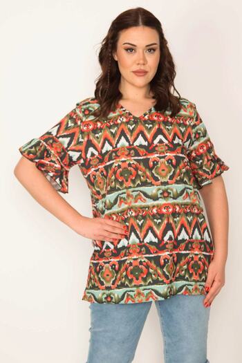 Şans Women's Large Size Khaki V-Neck Flounce Sleeve Blouse 65n32088