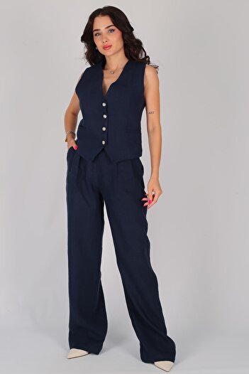 FACETTE Navy Blue Linen Women's Vest and Trousers Set