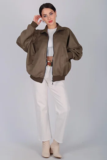 FACETTE Women's Khaki Suede Zippered Jacket
