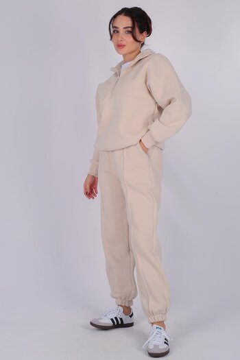 FACETTE Women's Beige Zippered Three Thread Tracksuit Set