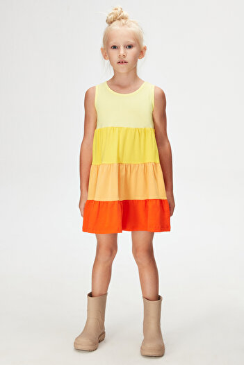 LOVETTI light Yellow And OrAnge lAyered Shirred StrAp Dress for Girls