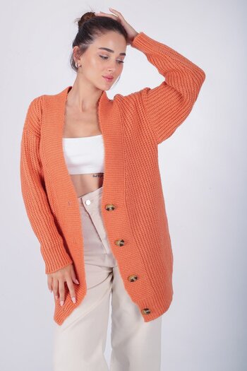 FACETTE Women's 2022554933   Orange Buttoned Long Knitwear Cardigan
