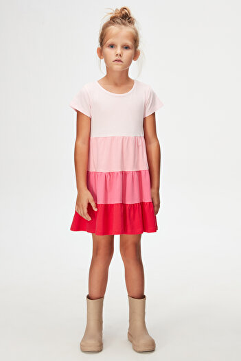 LOVETTI PinK-Fuchsia Layered ColorFul Short Sleeve Dress for Girl
