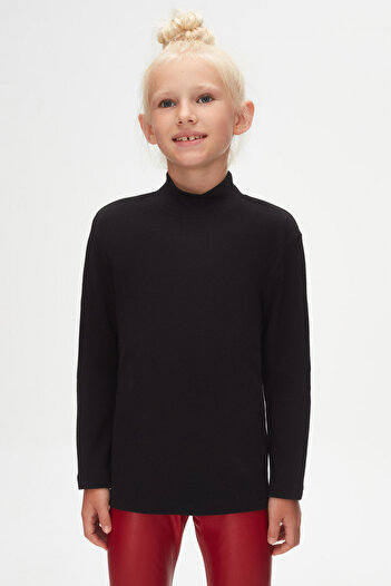 LOVETTI Girl's Black T-shirt - Long Sleeve, Half Turtleneck, Winter