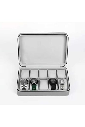 zyc Luxury Grey Color Faux Leather Watch Case with Zipper - 10 Capacity Dustproof Watch&Jewelry Storage Box.