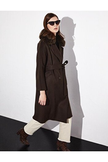 Kayra Dark Brown Premium Wool Fur Double Breasted Coat