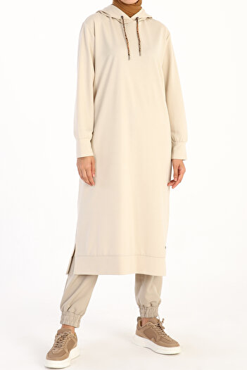 ALLDAY Stone Leopard Lace-Up Hooded Comfortable Knitted Tunic