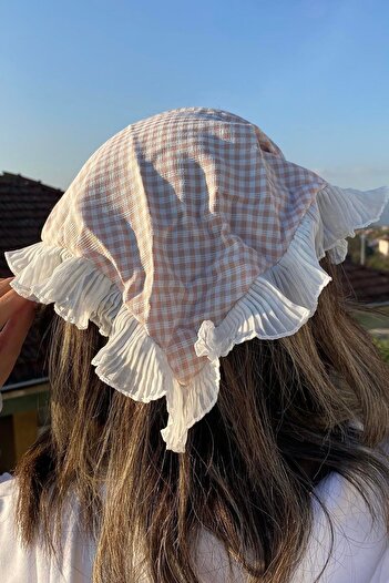TAKIŞTIR Pink Color Scarf Detailed Gingham Patterned Crown