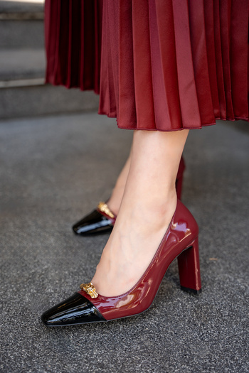 LAMİNTA Sassa Burgundy Double Colored Women's Heeled Shoes with Gold Accessory Detail
