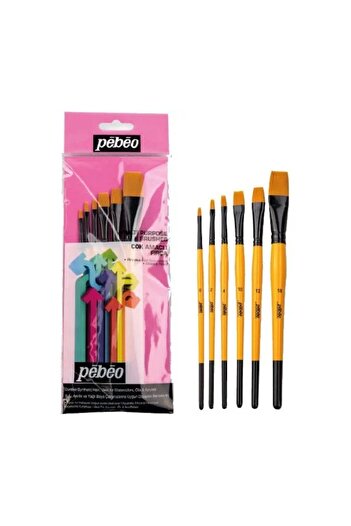 Pebeo Set of 3 6-Piece Flat Cut Short Handle Brush Set - No: 0, 2, 4, 10, 12, 18
