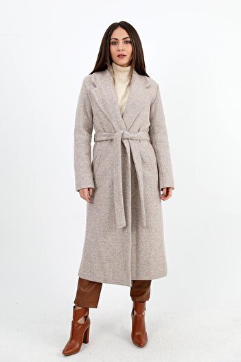 VAPUR TEKSTİL Long Mink Coat - Double Breasted Collar and Flannel Pocket