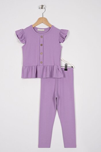 zepkids Lilac Colored Girl's Tights Set with Ruffled Sleeves and Buttoned Front Accessories
