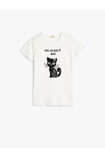 Koton T-Shirt Short Sleeve Crew Neck Cat Sequin Sequin Embroidered