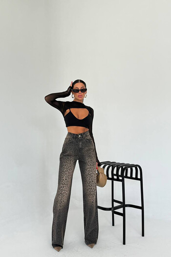 Gallogi Leopard Printed Straight Brown Women's Jeans