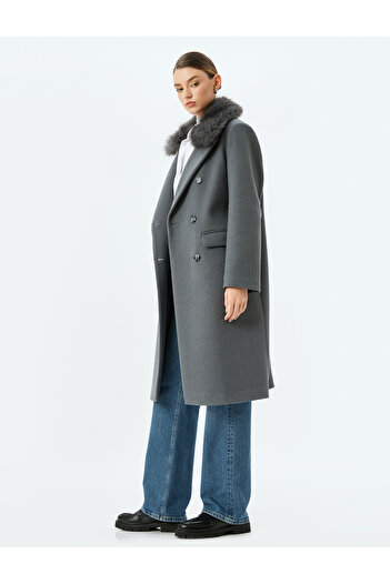 Koton Detachable Faux Fur Collar Detailed Long Stamp Coat