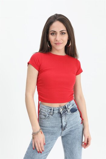 VAPUR TEKSTİL Crew Neck and Side Gathered Red Blouse