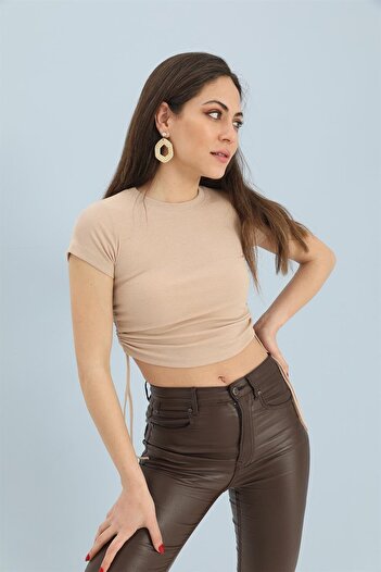 VAPUR TEKSTİL Mink Color Crew Neck and Side Gathered Blouse