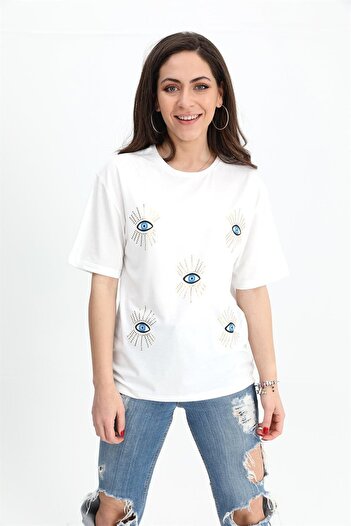 VAPUR TEKSTİL T-shirt Crew Neck Eye Printed - Ecru