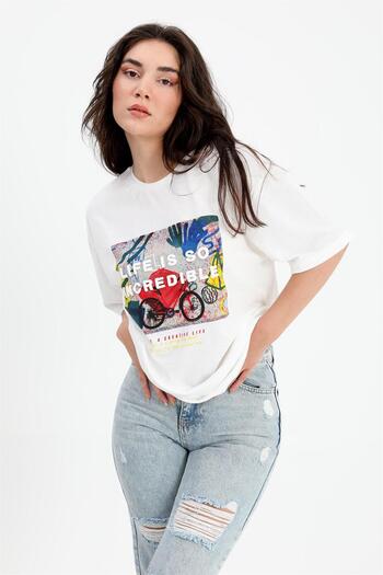 VAPUR TEKSTİL T-shirt Crew Neck Patterned Embossed Text - Ecru