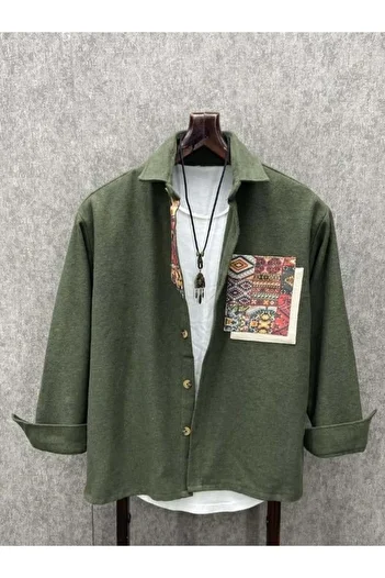 FıttingRoom Oversize Ethnic Patterned Bohemian Cotton Stamp Khaki Shirt